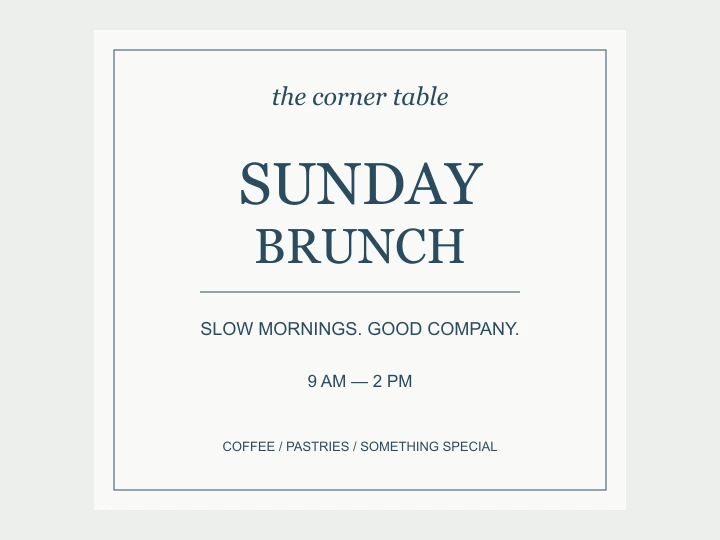 White SUNDAY BRUNCH menu with dark serif lettering