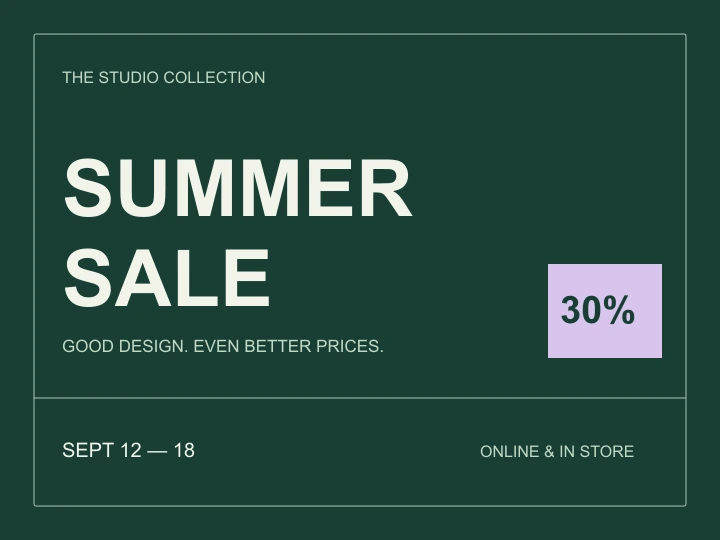 Green SUMMER SALE poster with white lettering and a 30% discount box